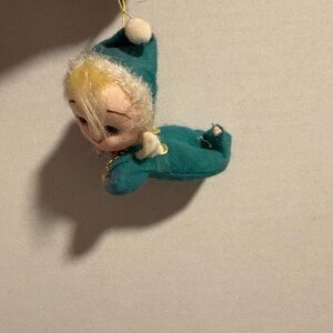 Vintage 60s Forsum Green Felt Blonde Pixie Angel Christmas Ornament Decor Japan
